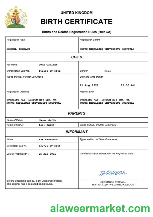 United Kingdom vital record birth certificate Word and PDF template